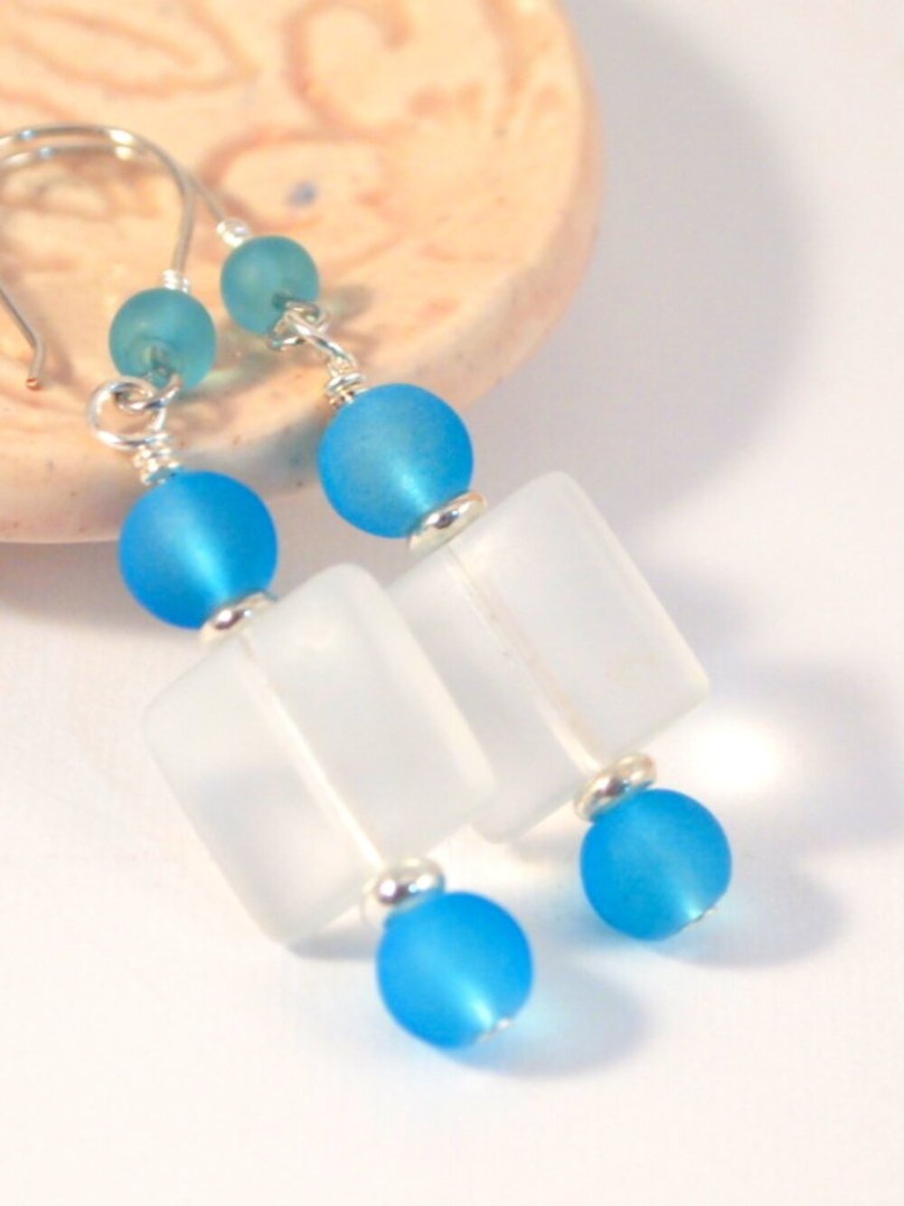 Blue and Clear Sea Glass Beaded Dangle Pierced or Clip-on Earrings Cruise